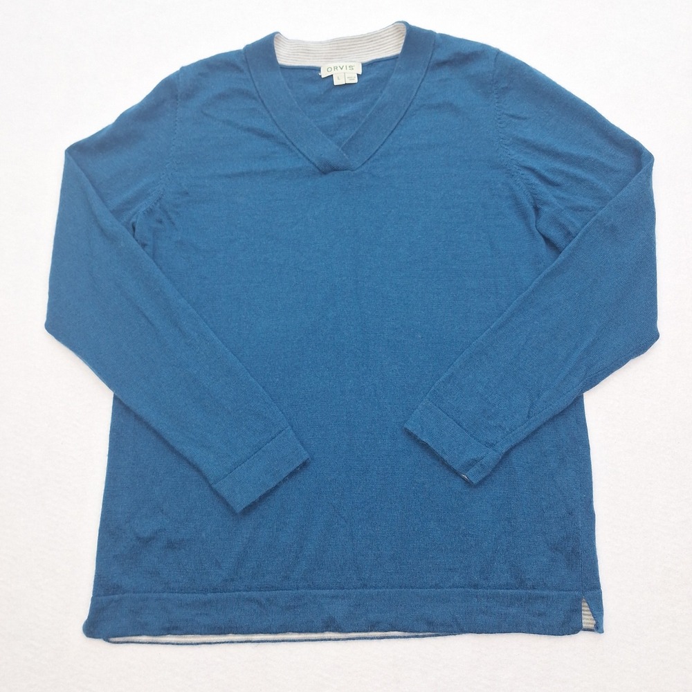 Orvis Sweater Mens Large Blue‎ 100% Merino Wool Long Sleeve Pullover Preppy